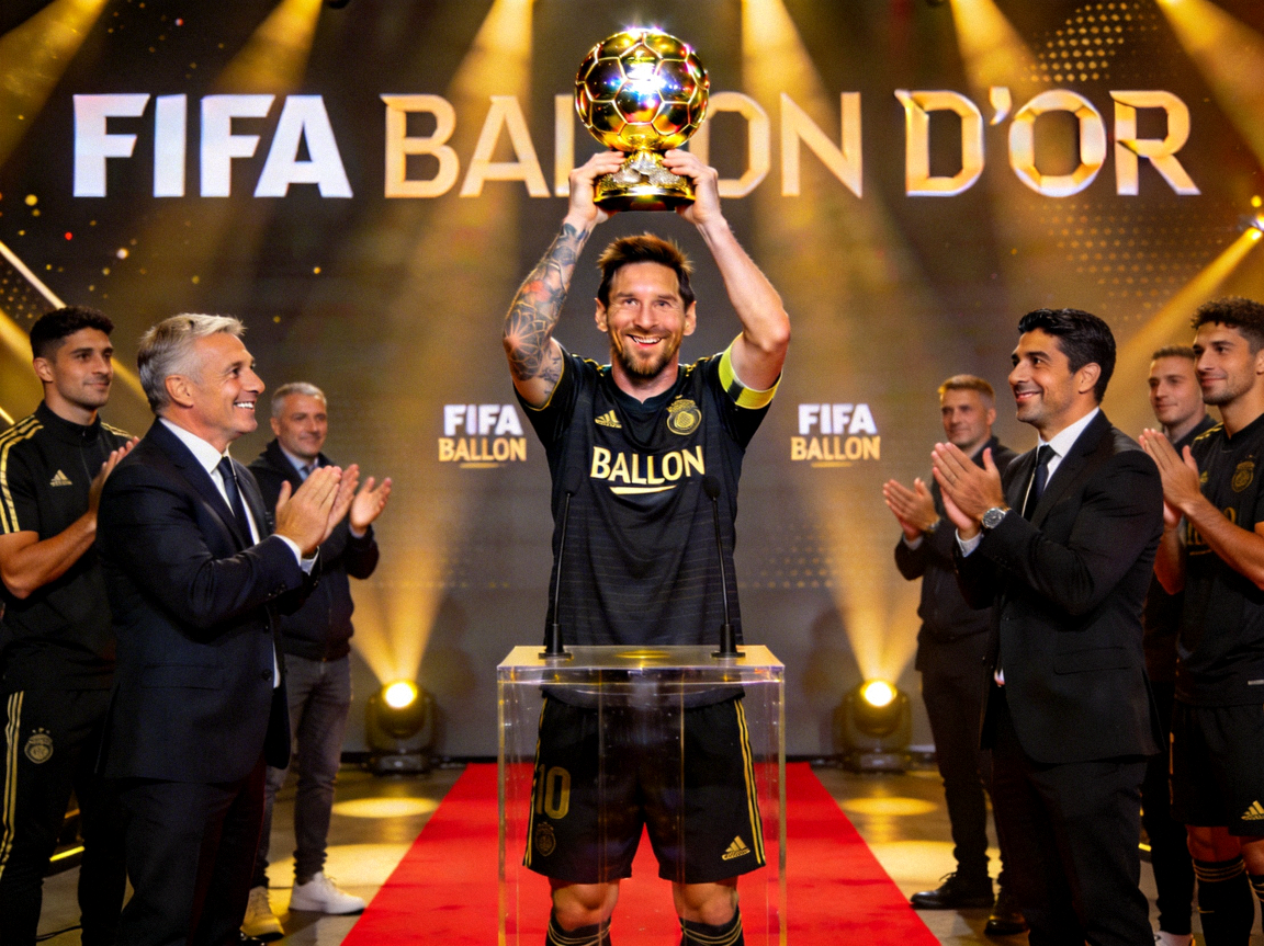 足球运动员梅西获得第八座金球奖后庆祝照片